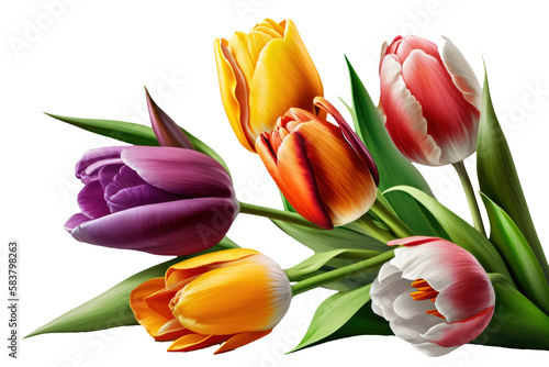 Colorful tulips isolated on transparent, Generative AI