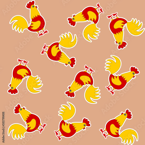 Paper pattern with yellow and red chickens on brown background