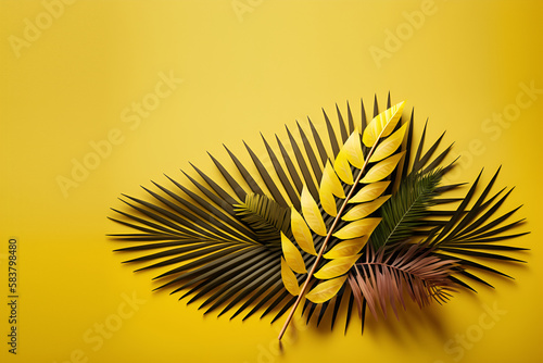 Graphic palm leaves background, palm sunday greeting card, tropic background. AI-generated image.