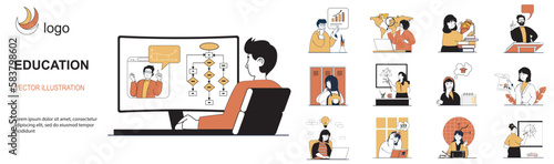 Education concept with character situations collection. Bundle of scenes people learning online, preparing to exam, teaching at lessons, get university diploma. Vector illustrations in flat web design