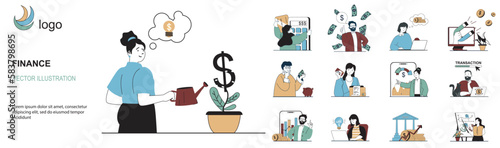 Finance concept with character situations collection. Bundle of scenes people investing and increasing profit, auditing and calculating, financial management. Vector illustrations in flat web design