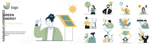 Green energy concept with character situations collection. Bundle of scenes people using alternative energy sources and take care about nature and ecology. Vector illustrations in flat web design photo