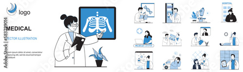 Medical concept with character situations collection. Bundle of scenes people working as doctors and nurses, making lab tests, consulting patients at hospital. Vector illustrations in flat web design