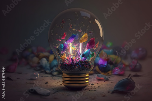 Colorful abstract light bulb. Generative AI photo