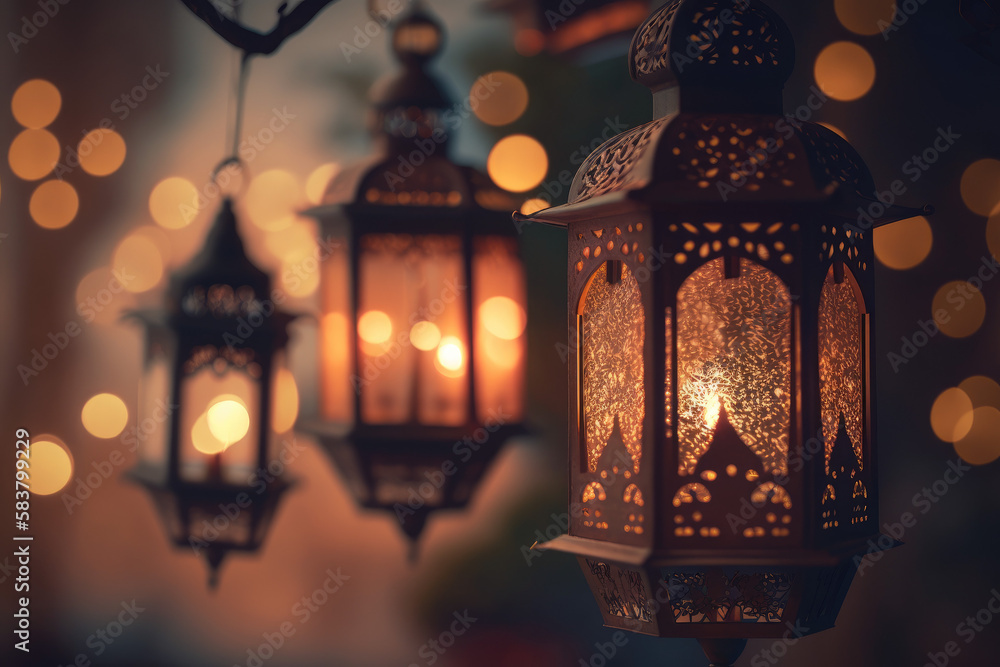 Gold hanging lanterns or fanoos with bokeh for Ramadan, Raya Hari, Eid al Adha and Mawlid. Generative AI Gold hanging lanterns or fanoos with bokeh for Ramadan, Raya Hari, Eid al Adha and Mawlid. Generative AI