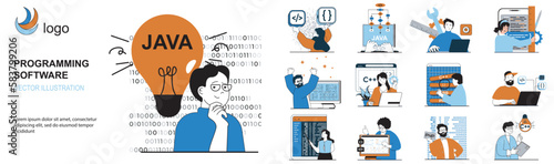 Programming software concept with character situations collection. Bundle of scenes people working on computer and creating programs, coding and fixing code. Vector illustrations in flat web design