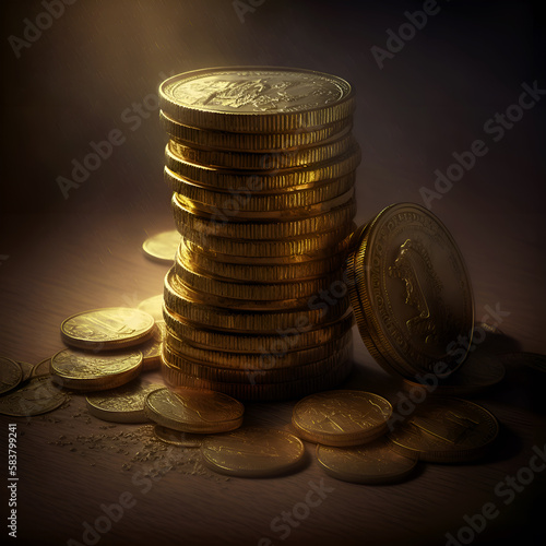 Stack of gold coins, money, cash, reach, bank, finance. AI-generated image.