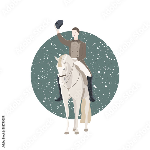 Classic dressage rider on horseback, front view, vector illustration