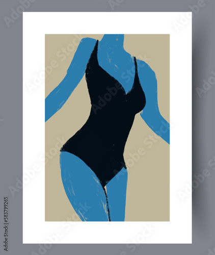 Portrait woman faceless swimsuit wall art print. Printable minimal abstract woman poster. Contemporary decorative background with swimsuit. Wall artwork for interior design.