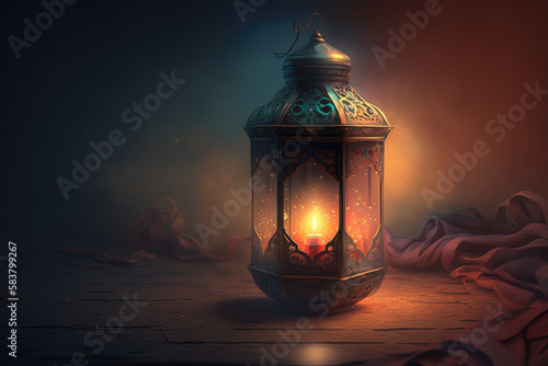 Glowing lantern or fanoos with bokeh for Ramadan, Raya Hari, Eid al Adha and Mawlid. Generative AI