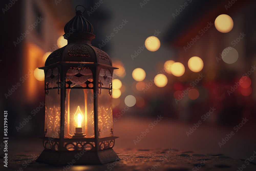 Lit lantern or fanoos with beautiful bokeh and city background for Ramadan, Raya Hari, Eid al Adha and Mawlid. Generative AI Lit lantern or fanoos with beautiful bokeh and city background for Ramadan, Raya Hari, Eid al Adha and Mawlid. Generative AI