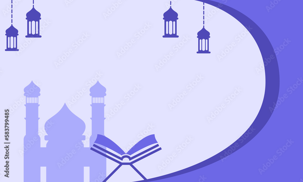 Beautiful Vector Illustration Ramadan Kareem The Holy Month Muslim Feast Greeting Card with night, Lantern and mosque. Flat landing page style vector