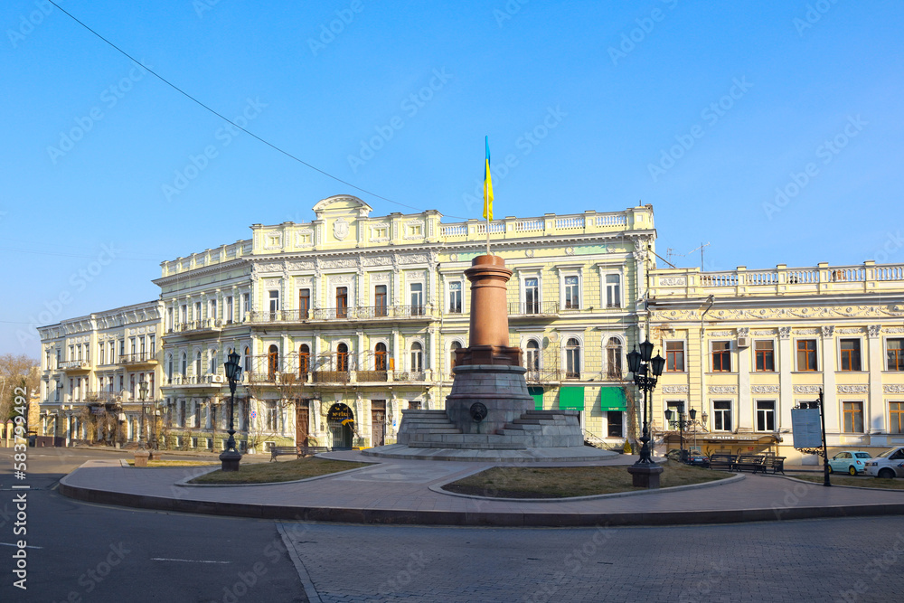 Ukrainian flag at the place former Monument to the Empress Catherine in Odessa, Ukraine