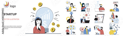 Startup concept with character situations collection. Bundle of scenes people generate ideas for new business, brainstorming, analyzing and planning strategy. Vector illustrations in flat web design