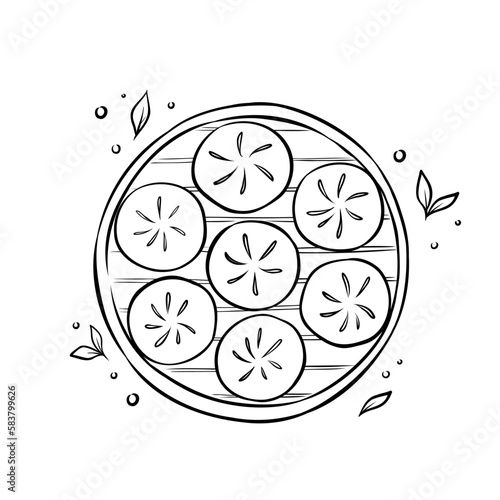 Hand-drawn vector illustration of fluffy Chinese baozi served in bamboo steamer basket. Traditional Asian dumplings for menu, recipe, or advertising. Isolated outline sketch drawing in cartoon style.