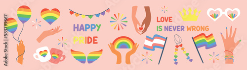 Happy Pride LGBTQ element set. LGBTQ community symbols with floral rainbow, butterfly, quote. Elements illustrated for pride month, bisexual, transgender, gender equality, sticker, rights concept.