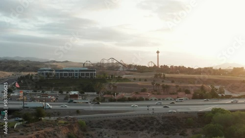 Six Flags Magic Mountain Santa Clarita Drone Aerial Panning In Sunset photo