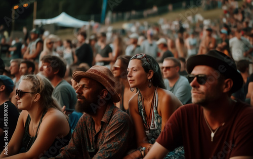 Group of friends watching a concert at an outdoor music festival. Shallow field of view. Illustrative Generative AI. Not real people.