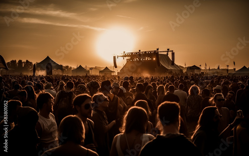 The main stage at a large outdoor music festival on a summer evening. Crowds of people in from of the scene. Shallow field of view. Illustrative Generative AI. Not real people.