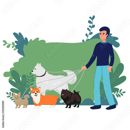 Dog sitter composition with outdoor landscape and doodle male character walking three dogs with cityscape background vector illustration photo