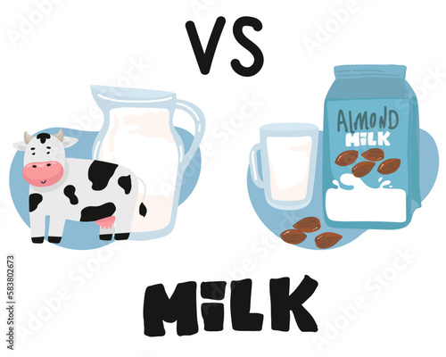 vegetable milk vs cow s milk What is more useful soy, rice, oat, coconut, almond, cashew, hazelnut. Natural, vegetable, ecological product. Lactose free. Vector illustration on black background