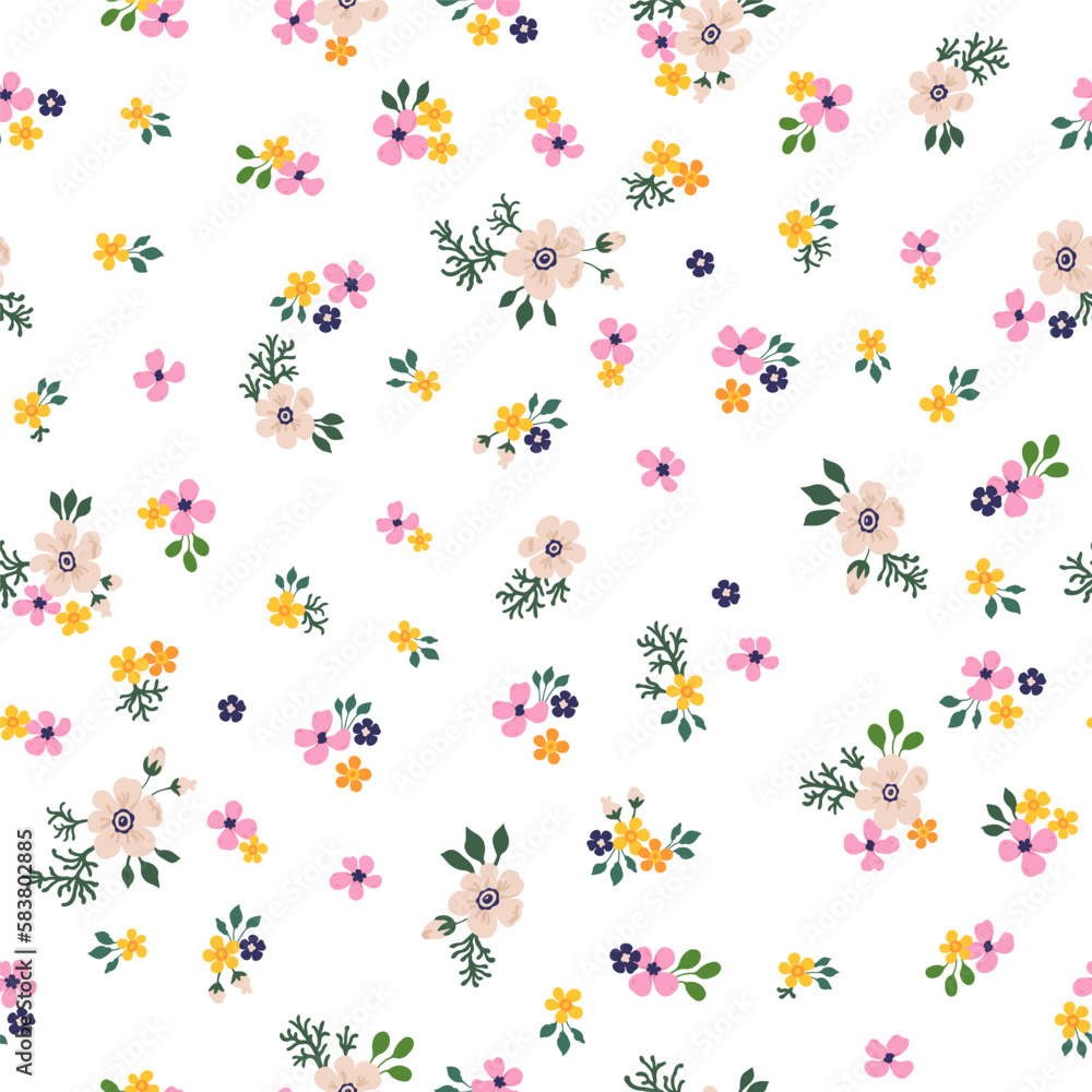 A pattern of pink, orange, purple and soft neutral beige flowers with green leaves. Seamless floral vector repeating pattern.