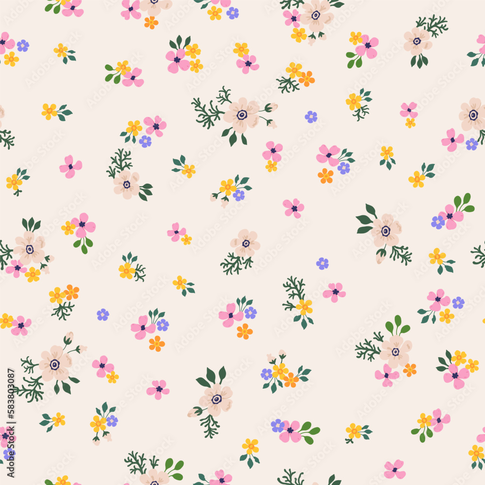 A pattern of pink, orange, purple and soft neutral beige flowers with green leaves. Seamless floral vector repeating pattern on a light beige background. A pattern of pink, orange, purple and soft neutral beige flowers with green leaves. Seamless floral vector repeating pattern on a light beige background.