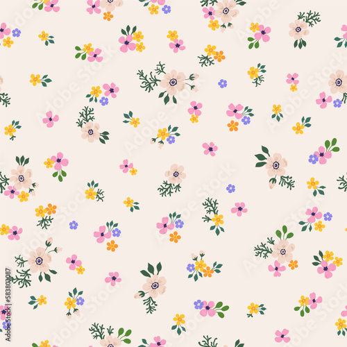 A pattern of pink, orange, purple and soft neutral beige flowers with green leaves. Seamless floral vector repeating pattern on a light beige background.
