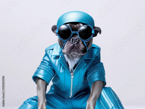 Portrait of pit bull dog with the fashionable dressing, wearing sunglasses