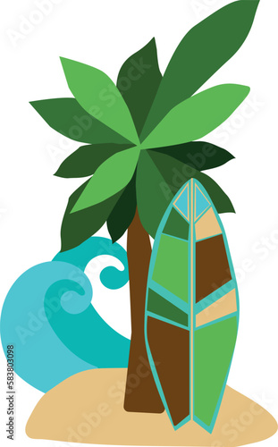 Vector illustration in flat style. Palm tree, sand, waves, surfboard. Logo, summer, surfing, retro