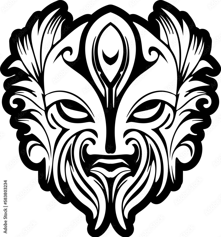 Vector tattoo sketch of a black and white Polynesian god mask.