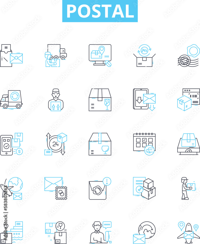 Postal vector line icons set. Postal, Mail, Carrier, Delivery, Stamp, Address, Postage illustration outline concept symbols and signs