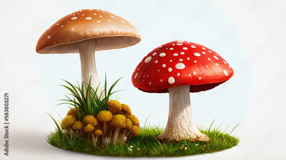 ilustration of mushrooms with some grass on white isolated background, generative AI ilustration of mushrooms with some grass on white isolated background, generative AI