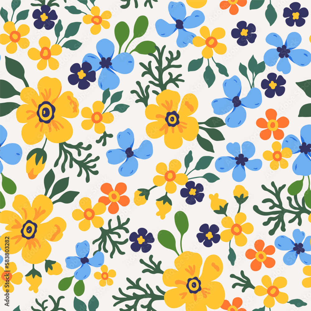 A pattern of neutral beige, blue, purple and yellow flowers with green leaves on a white background. Seamless floral vector repeating pattern. A pattern of neutral beige, blue, purple and yellow flowers with green leaves on a white background. Seamless floral vector repeating pattern.
