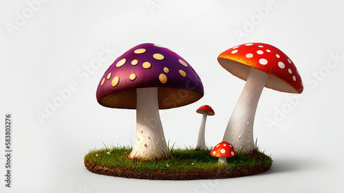 ilustration of mushrooms with some grass on white isolated background, generative AI