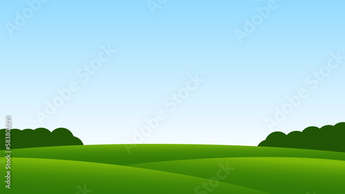 landscape cartoon scene with green field and blue sky