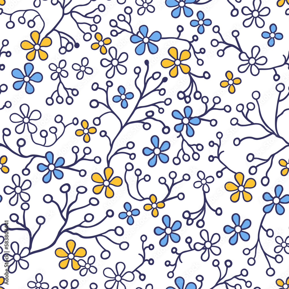 Seamless pattern of blue, yellow flowers and branches of dark blue outline.
