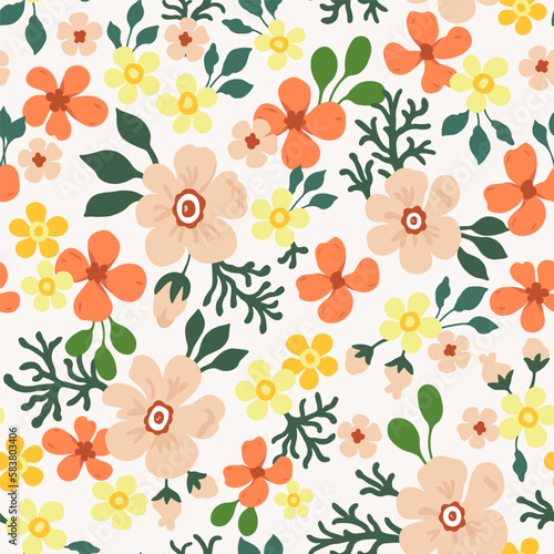A pattern of neutral beige, orange and yellow flowers with green leaves on a light background. Seamless floral vector repeating pattern.