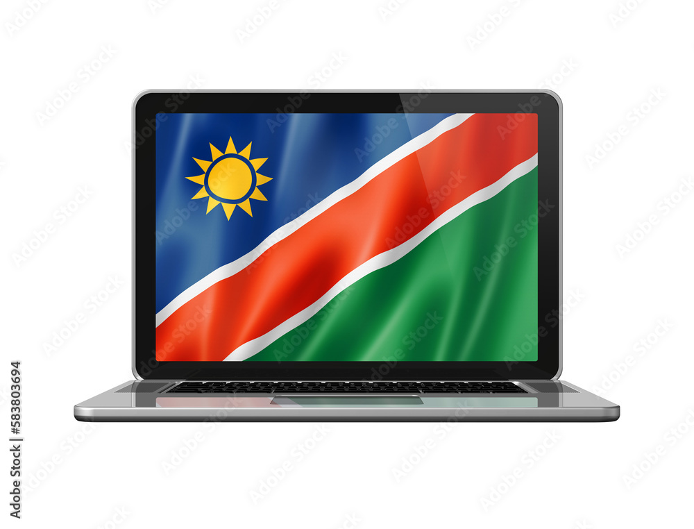 Namibian flag on laptop screen isolated on white. 3D illustration Namibian flag on laptop screen isolated on white. 3D illustration