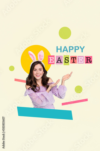 Collage template retro picture of funny young lady wear headband rabbit ears directing hands on background happy Easter