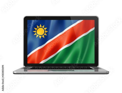 Namibian flag on laptop screen isolated on white. 3D illustration