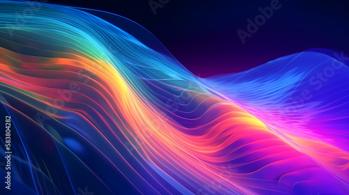 Abstract illustration of light emitting waves, in rainbow colors. AI-Generated