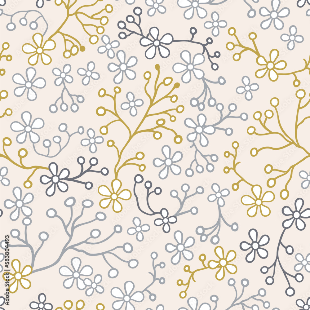 Minimalistic pattern of beige and gray flowers on a beige background.