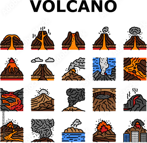 volcano lava eruption nature icons set vector