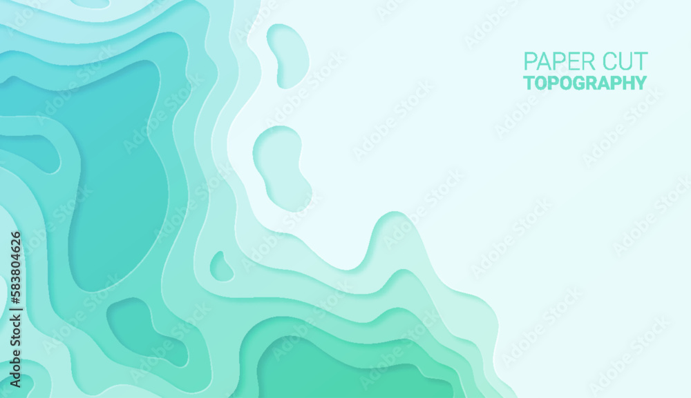 Paper cut topography relief imitation, blue and green colors multi layers banner. Abstract water flowing liquid texture art design, origami paper cut layer smooth shape vector illustration - obrazy, fototapety, plakaty 