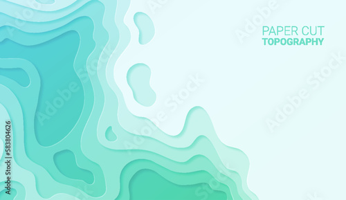 Paper cut topography relief imitation, blue and green colors multi layers banner. Abstract water flowing liquid texture art design, origami paper cut layer smooth shape vector illustration photo