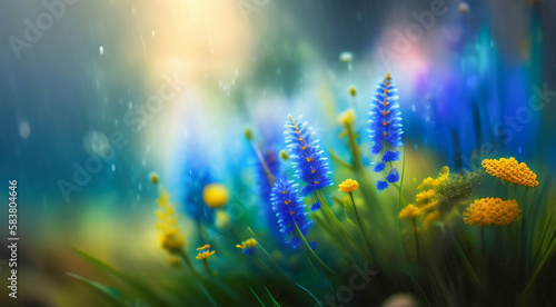 Beautiful blue wildflowers in nature outdoors with soft focus and bokeh. Floral summer spring background. AI generated.