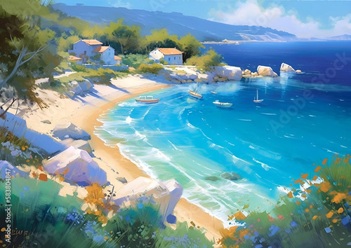 view of  beautfiul  Mediterranean beach at summer   generative ai