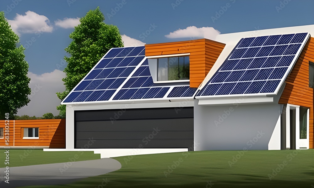  Prosta ilustracja przedstawiająca dom z panelami słonecznymi, nowoczesna technologia, ochrona środowiska, czysta energia, oszczędność. Wygenerowane przy użyciu AI. - obrazy, fototapety, plakaty 