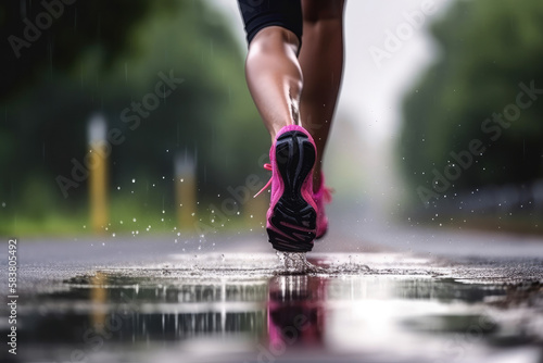 eine Joggerin läuft im Regen, nur Beine und Schuhe